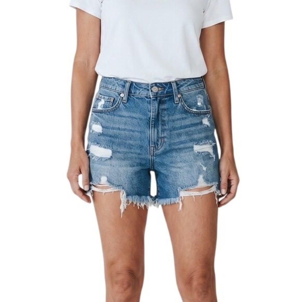 Womens Blue Distressed Denim Cut Off Shorts Medium Wash Frayed Hem XL Grunge Y2K